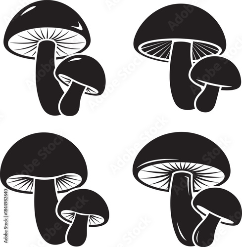 Four pairs of mushroom silhouettes in black and white