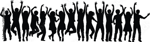 Large group of happy people jumping silhouette, diverse crowd celebrating success, raising hands, showing joy, freedom, and teamwork, black vector illustration on white background.