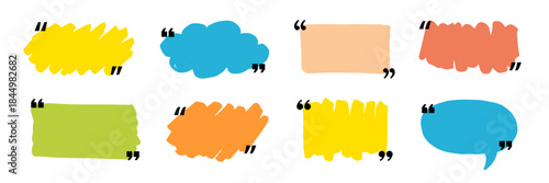 Text box frame set with quotation mark. Hand drawn marker brush stroke text talk message frame background. Quotation mark dialog speech, square, chat color design template. Vector illustration
