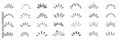 Hand drawn line art bursts with surprise rays and sparkles. Doodle hand drawn starburst icons shine bright. Surprise shapes for comic effects, manga splash, cartoon decorations. Vector illustration
