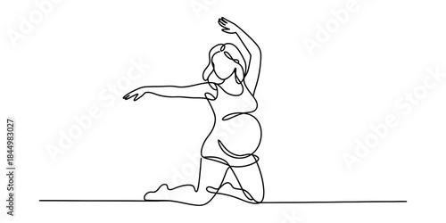 Continuous line drawing of a pregnant woman doing yoga on a white background Vector, illustration
