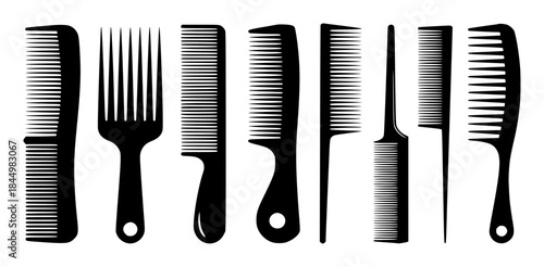 Collection of Black Silhouettes of Various Hair Combs and Brushes