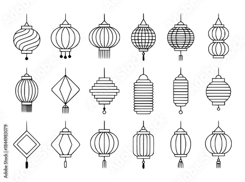 Collection of Diverse Asian Lantern Illustrations in Black and White