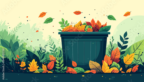Autumn garden scene with a overflowing bin surrounded by fallen leaves and lush foliage, symbolizing the end of fall and nature's cycle