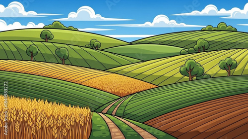 Rolling green hills with golden wheat fields and trees under a cloudy blue sky in a picturesque rural landscape