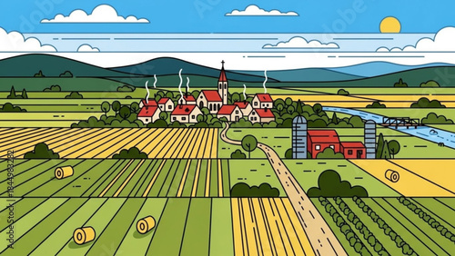 Idyllic rural landscape with a charming village, farm, river, and cultivated fields under a sunny sky with clouds