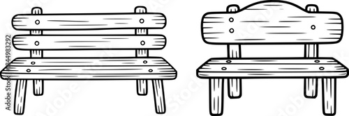 Two Wooden Benches, One with a Curved Back, Line Art