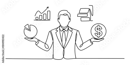 Businessman balancing financial data and monetary assets in a continuous line drawing Vector, illustration