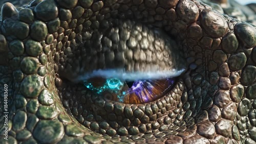 Close-up of reptilian eye, glowing with intricate teal, purple, & gold energy within a scale-covered surface