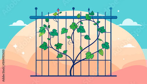 A plant vine growing in a heart shape on a garden trellis against a pastel sky with clouds.