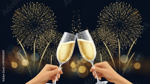 Hands holding champagne glasses toasting with fireworks exploding in the background at night
