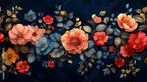 Horizontal Floral Border with Peachy Pink and Red Flowers on Dark Blue blossoms photo