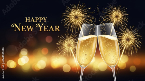 Two champagne glasses with fireworks and bokeh lights celebrating happy new year with gold text on dark background