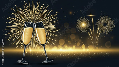 Two champagne glasses clinking together with fireworks exploding in the background at night creating a festive
