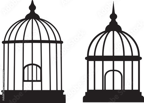 Two decorative bird cages in silhouette