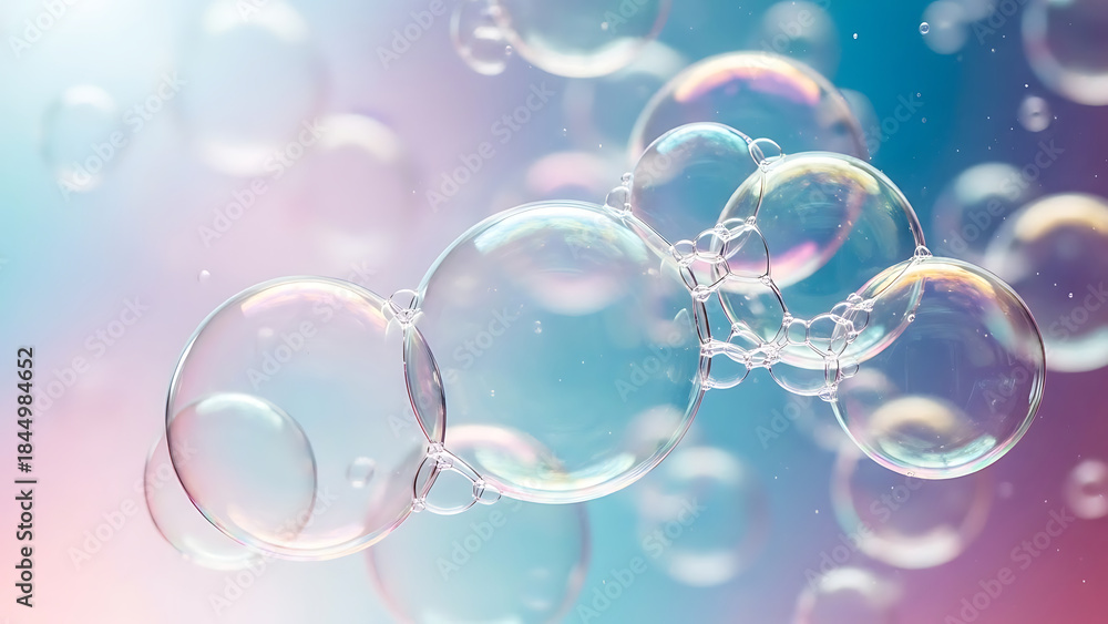 Fototapeta premium Transparent soap bubbles floating in pastel colored background showing pastel colors blue pink