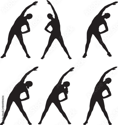 Six women stretching and exercising in silhouette