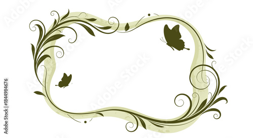 Ornamental frame of swirling vines and leaves adorned with delicate butterflies suitable for invitations and elegant designs.