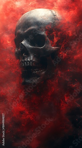 Human Skull Emerging from Fiery Red Smoke and Flames head bone photo