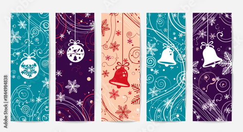 Five vertical panels show festive bells and delicate snowflakes with swirling lines in teal purple and peach tones creating a seasonal decoration pattern.