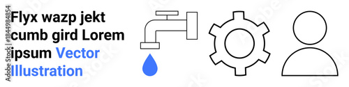 Faucet with water drop, gear, and user profile icon illustrating resource management, settings, and user functionality. Ideal for utilities, workflow, service apps, tech automation user interfaces