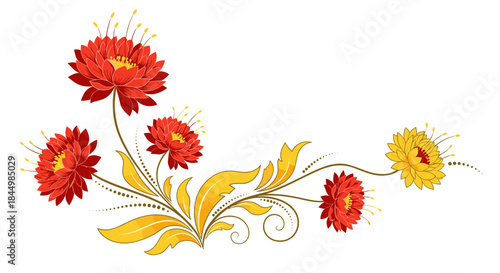 Vibrant red and yellow ornamental flowers with flowing gold leaves and curling stems forming a decorative floral design for artistic wall decor.