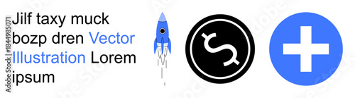 Innovation, finance, health care, business strategy, technology, futuristic design. Rocket launching, dollar sign in black circle and blue medical cross. Innovation and finance concept
