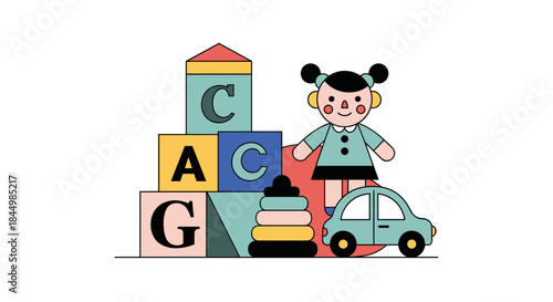 Cheerful toddler stands beside colorful stacking blocks a pastel car and a stack of rings as she plays in a bright classroom style play area.