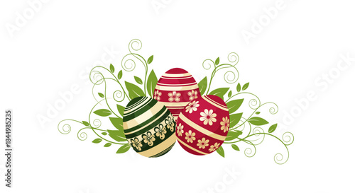 Colorful decorative Easter eggs nestled among green leafy swirls and graceful vines forming a festive spring motif for celebration and inspiration.