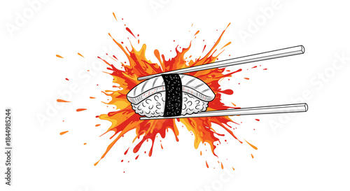 Lively illustration of a sushi piece pierced by chopsticks with an explosive orange splash behind it in a bold artistic style.
