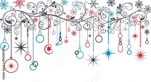 Colorful display of hanging ornaments and snowflake motifs along ornate swirling branches creating a festive holiday scene in blue red and black.