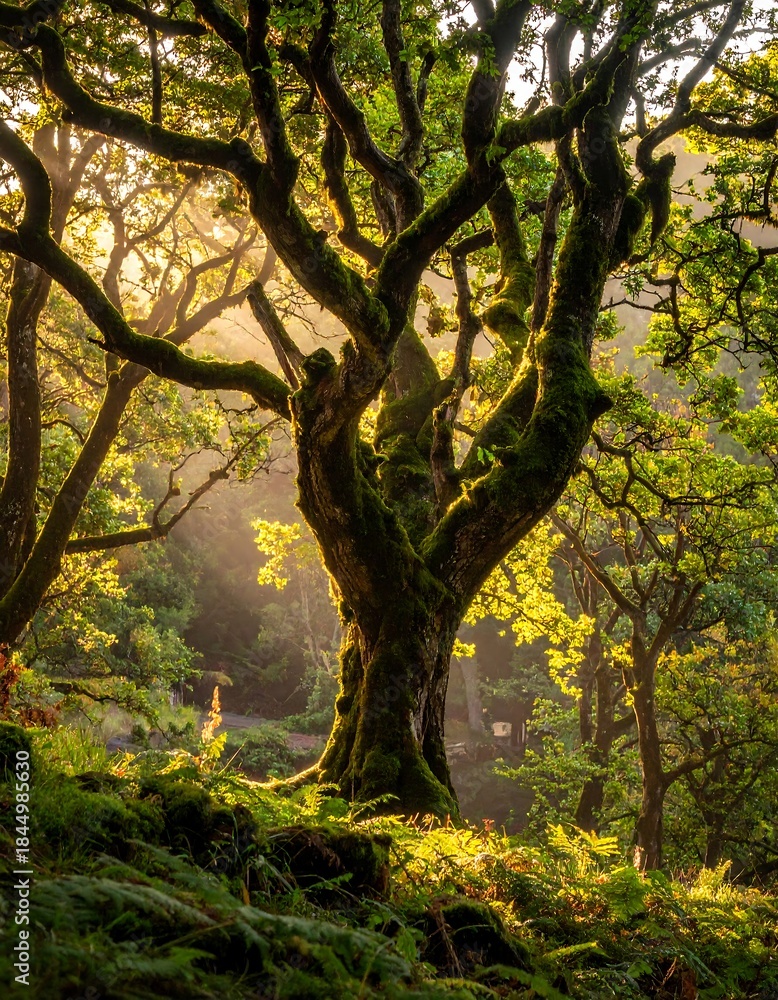 Obraz premium A sun-dappled forest scene features a large, moss-covered tree with expansive branches and foliage illuminated by the morning light