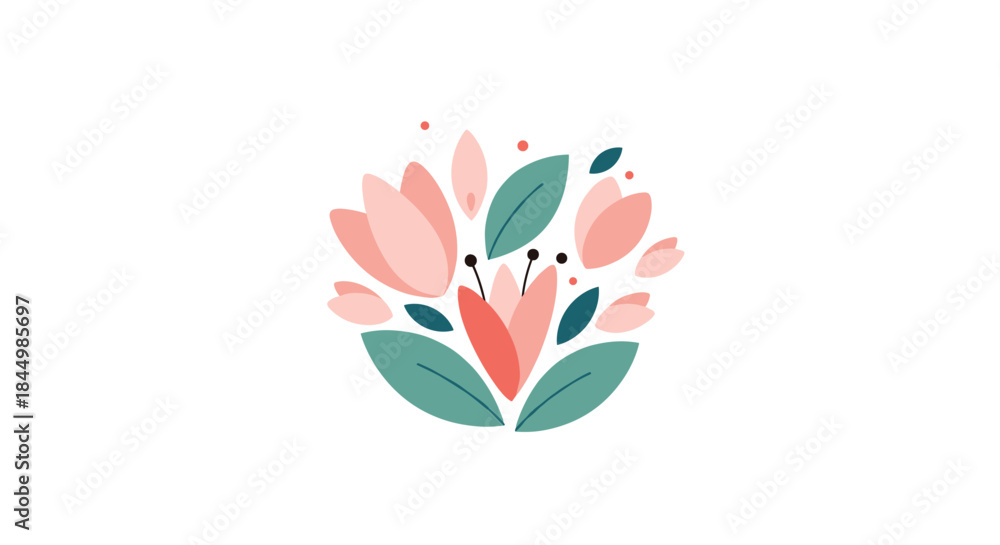 Fototapeta premium Delicate pastel floral illustration featuring pink petals and green leaves arranged in a harmonious circular bouquet for feminine design and spring themes.