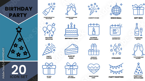 A comprehensive set of 20 blue line icons for celebrating birthdays and festive occasions Vector