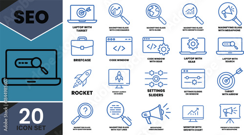 Essential seo and digital marketing line icon set for website optimization and business growth Vector