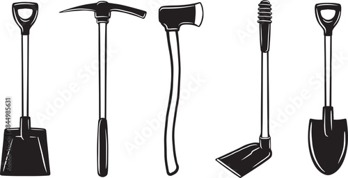 Set of black and white hand construction tools silhouette vectors. Minimalist designs ideal for icons, logos, signage, industrial graphics, and UI design.