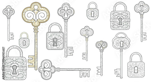 Intricate vintage keys and ornate locks arranged in a decorative collage evoke mystery nostalgia and the timeless fascination with security and secret doors.