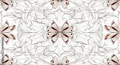 Intricate monochrome floral mandala with mirrored leaves and butterfly accents forming a seamless symmetric pattern across the entire composition.