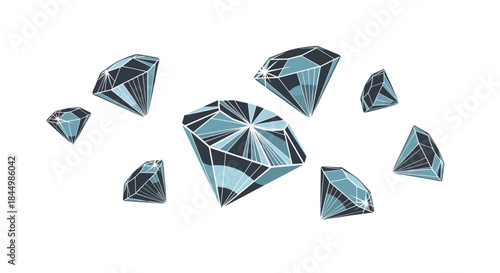 Blue geometric diamonds float in a minimalist white space as stylized gems shimmer with facets and sharp edges creating a luxury tableau of crystal light.