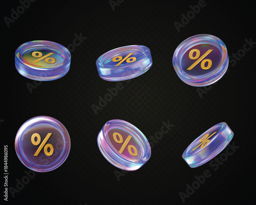 3D holographic iridescent glass coin purple effect with percentage sign, discount and special offer coupon vector set