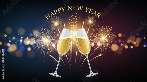 Two champagne glasses clinking together with fireworks and bokeh lights on a dark background celebrating happy