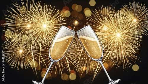 Two champagne glasses clinking together with golden fireworks exploding in the background at night