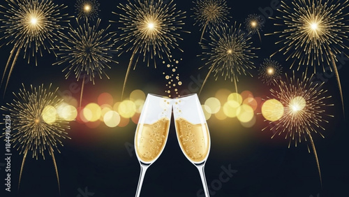 Two champagne glasses clinking together with fireworks exploding in night sky background