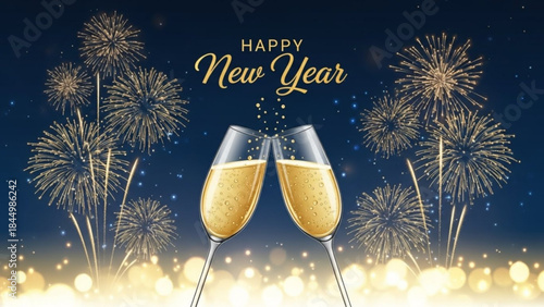 Two champagne glasses clinking together with fireworks and golden lights on a dark night celebrating new year