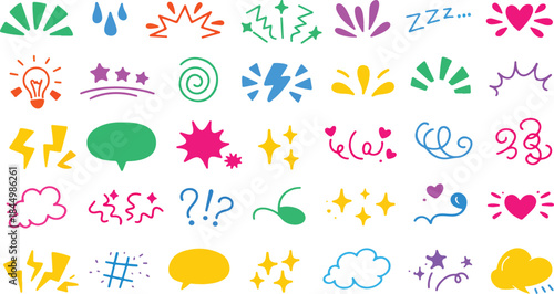 Comic doodle expression. Cartoon manga effect, speech bubble, lightning arrow, lightbulb idea, love and shock, angry emoji expressive symbol vector art and illustration 