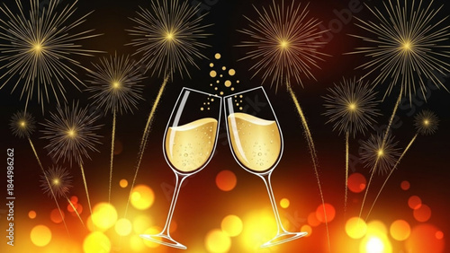 Two champagne glasses clinking with fireworks exploding in the background at night creating a celebratory