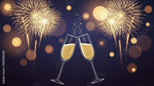 Two champagne glasses clinking together with fireworks exploding in night sky background