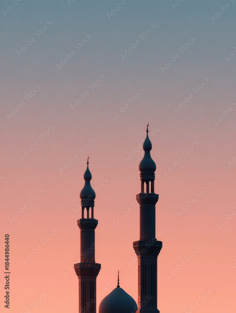 Obraz premium Silhouette of Mosque Against Pastel Sky During Sunset With Soft Colors