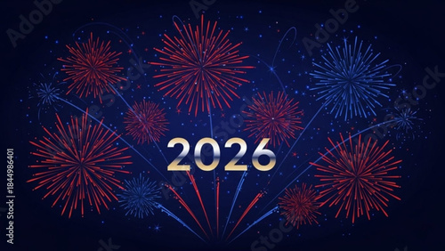 Vibrant fireworks exploding in night sky with gold 2026 text for new year celebration