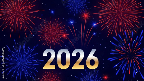Vibrant fireworks exploding in night sky with colorful red blue bursts and gold 2026 text